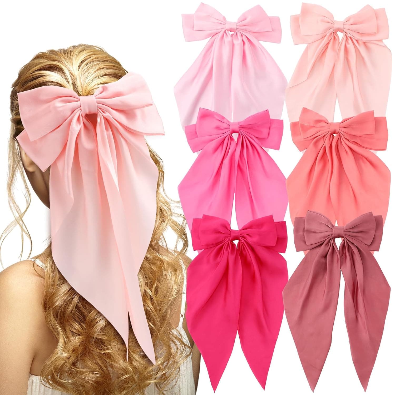 Pink Satin Stylish Bow Big Ribbon Bow Knot Hair Clip All Hair Types Non Slip