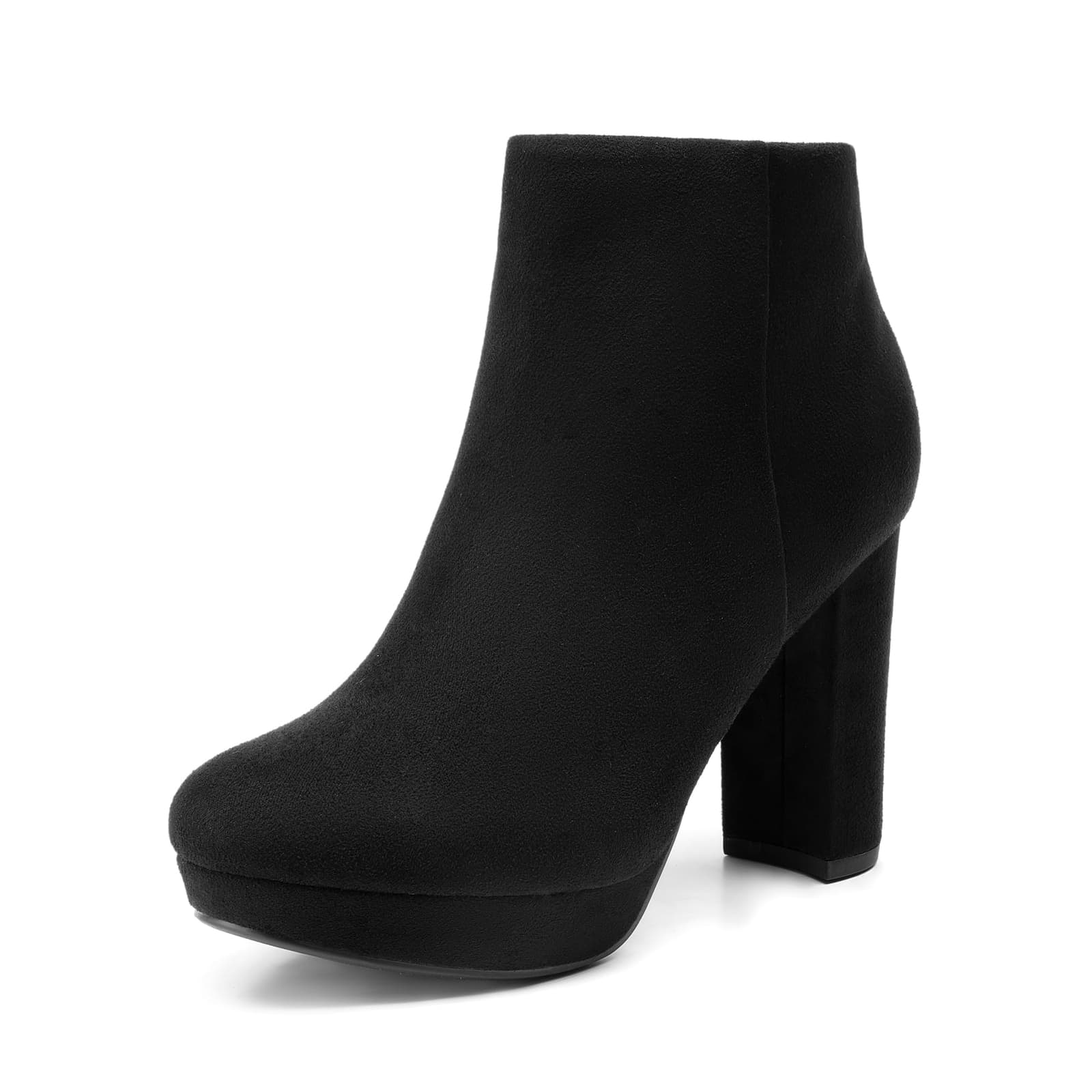 Women’s Black Suede Ankle Booties, Chunky High Heel, Side Zipper, Size 7