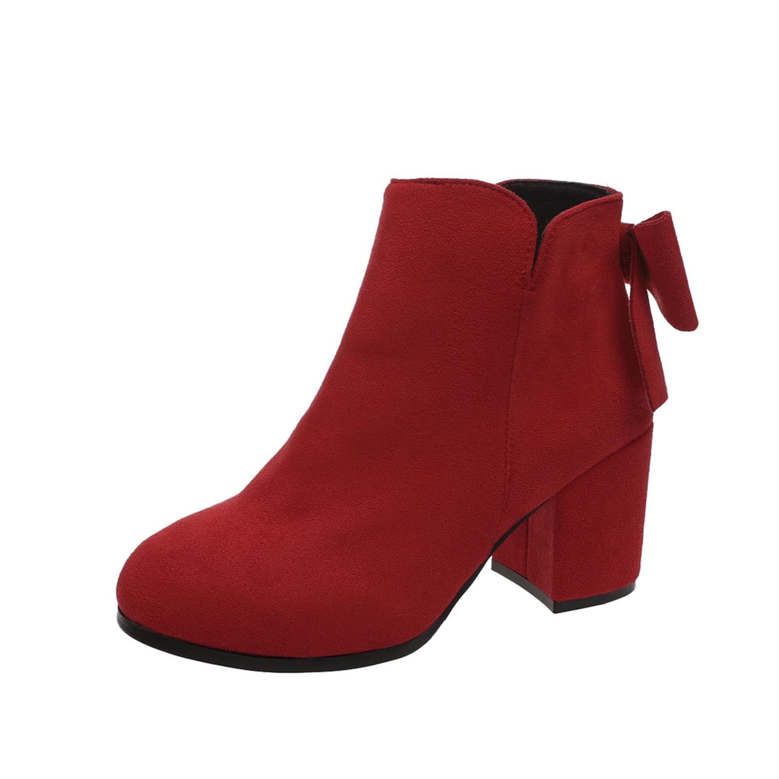 Women Bowknot Round Toe Short Boots Side Zipper Stacked Block High Heel Booties