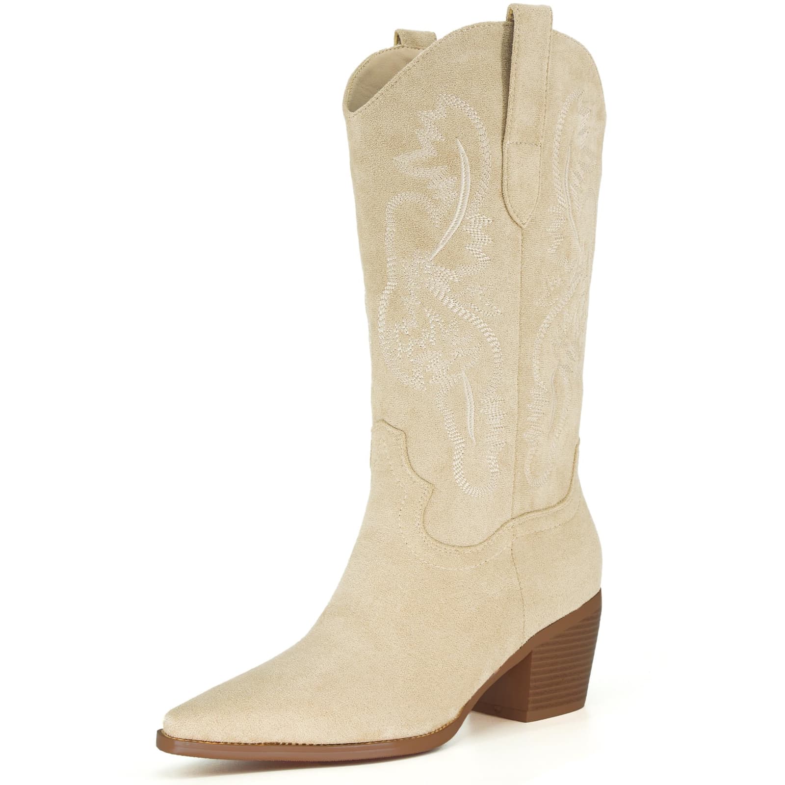 Beige Women’s Cowboy Boots, Classic Pointed Toe Chunky Heel, Pull-On, Size 6