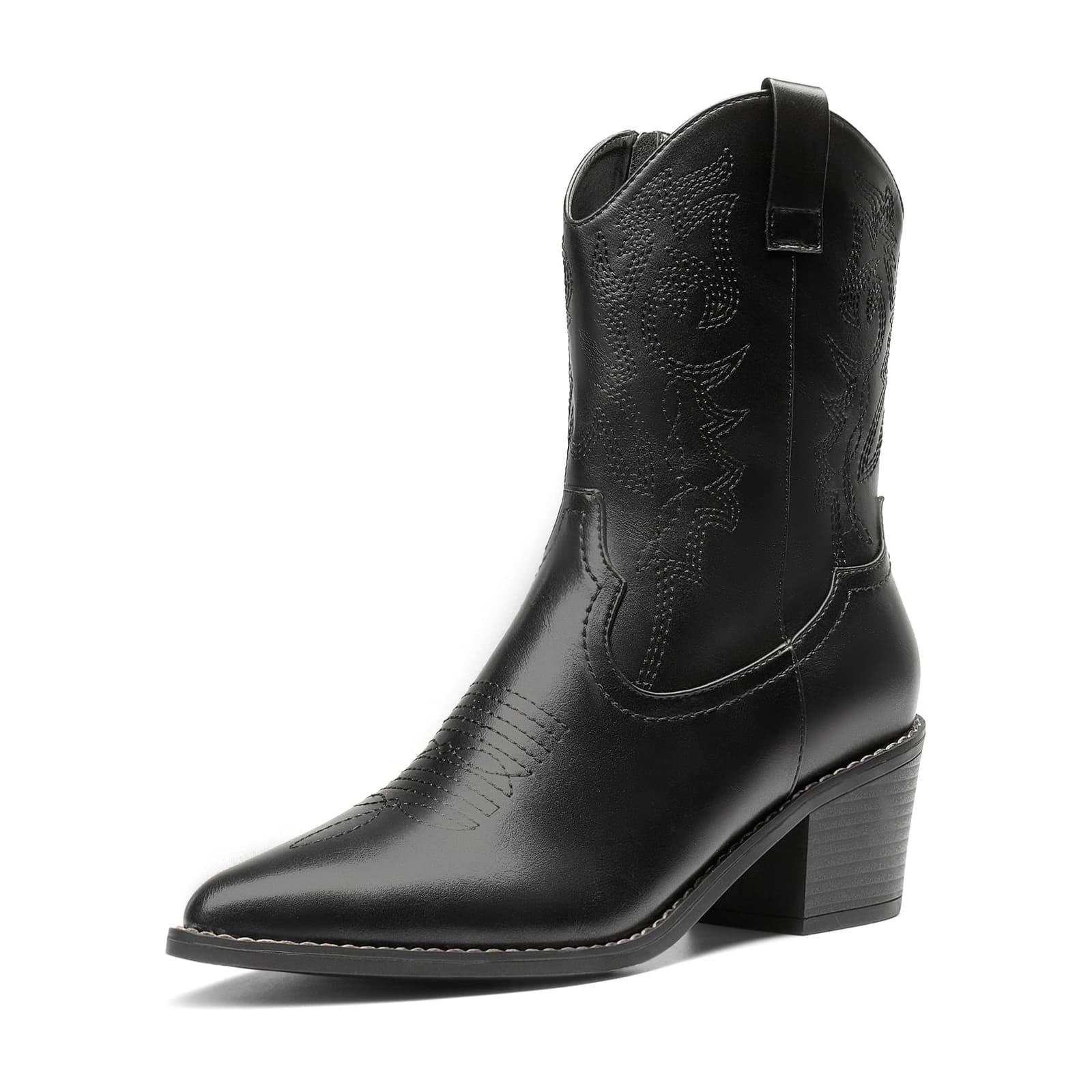 Black Women’s Pointed Toe Chunky Heel Western Ankle Boots with Chain, Size 11