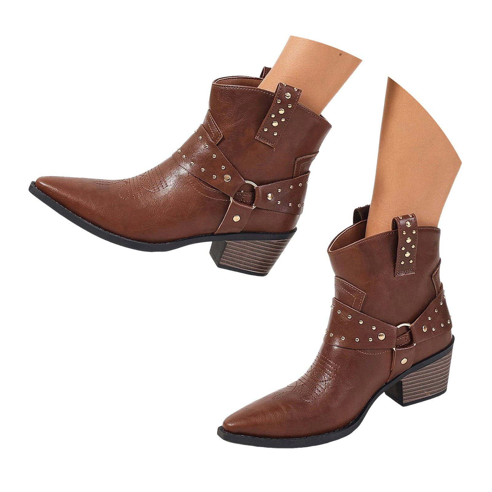 Women’s Pointed Toe Western Ankle Boots Brown Size 6  with Chain