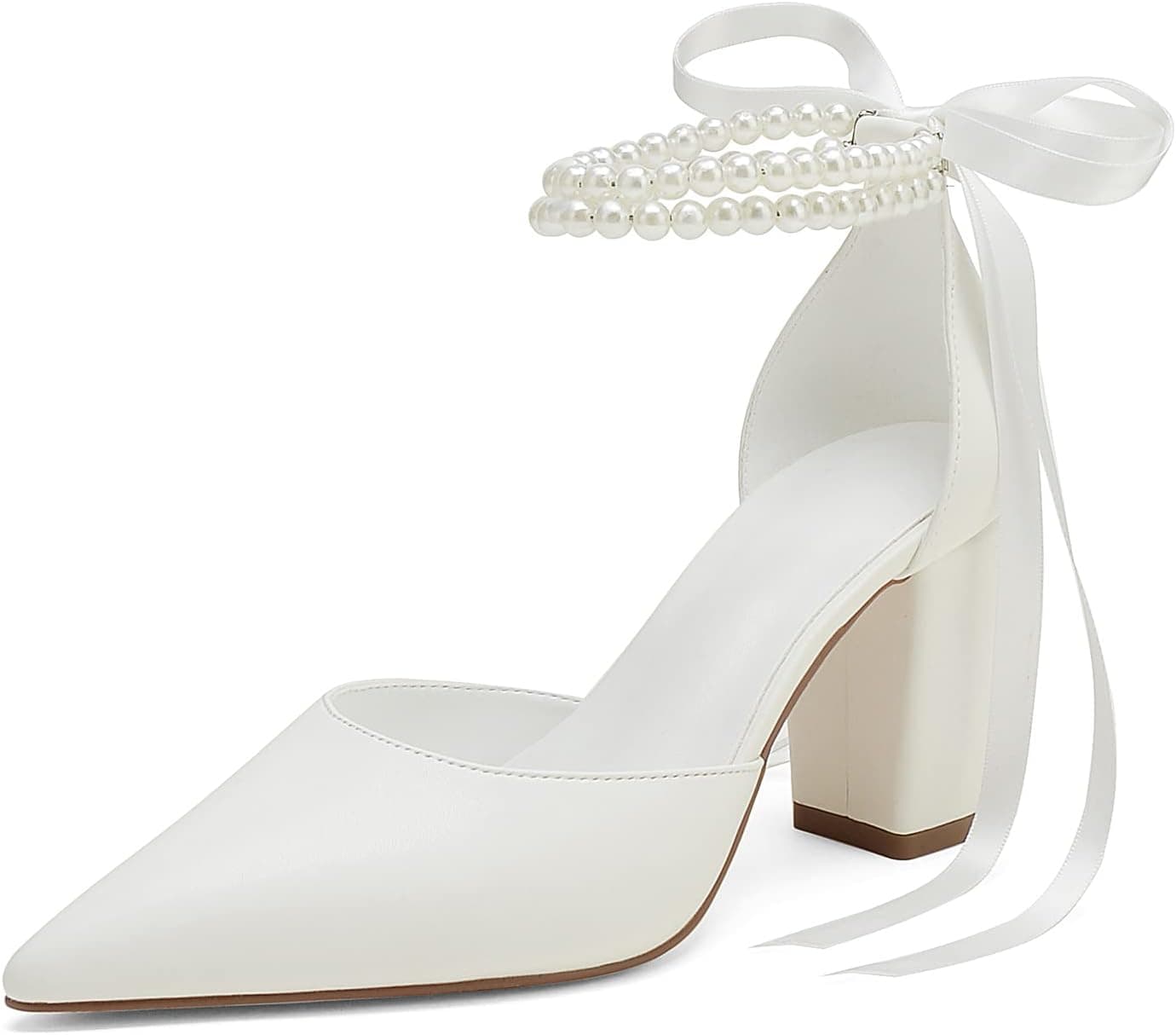 Women’s White Bow Chunky Heel Pumps – Closed Toe Wedding Dress Shoes Size 10