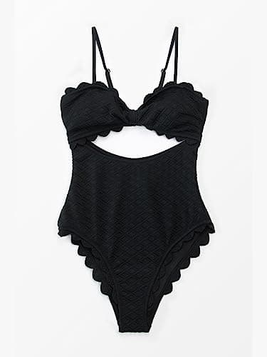 Swimsuit Black Mesh Scallop One Piece Womens V Neck Size S