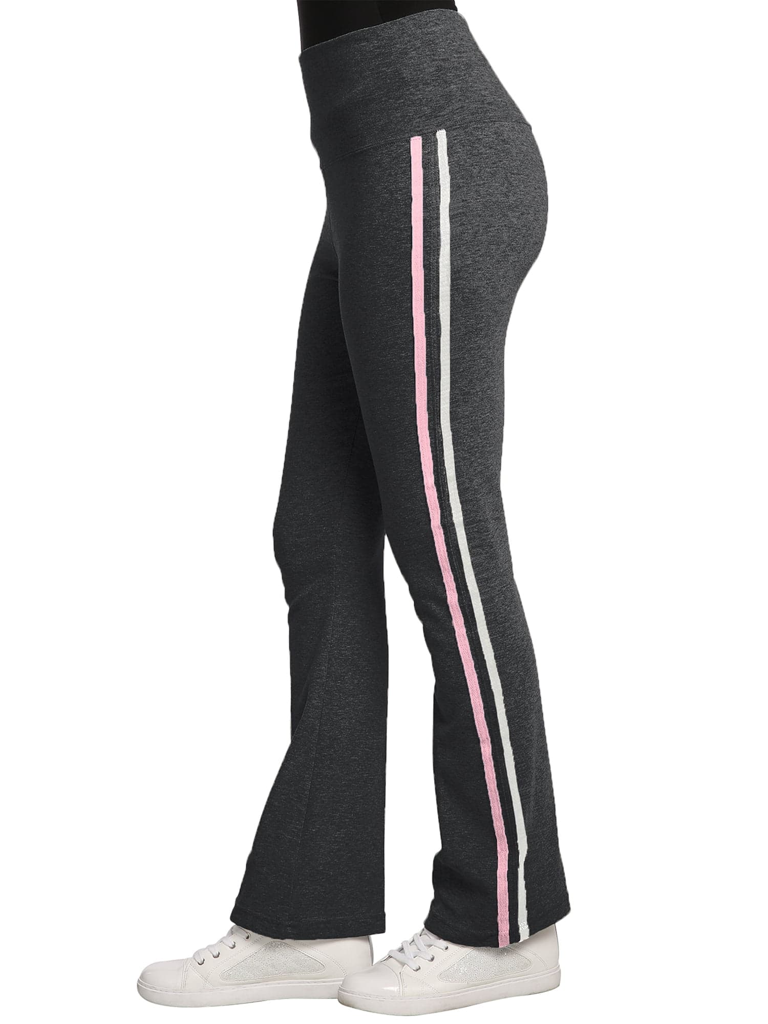 Womens Stretch Rib Sweatpants High Waist Contrast Color Seam Stripes  Color:Char