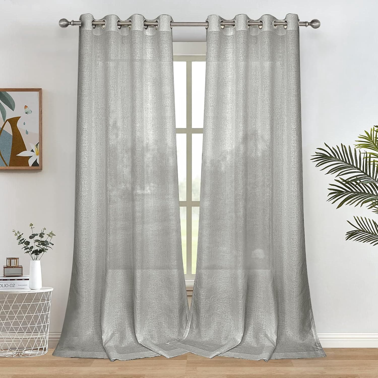 2-Pack Gray Semi-Sheer Curtains, 52×96”, Linen Look, Grommet Top.