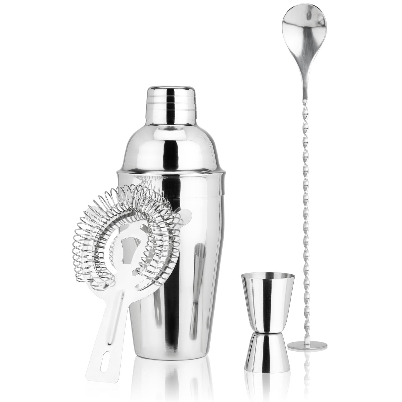NEW Stainless Steel Barware Set by True Set of 4 shaker, spoon, jigger, strainer