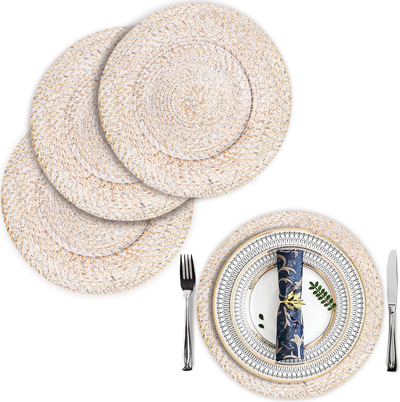 White Rattan Charger Plates 13" Set of 4 Rustic Woven Table Decor