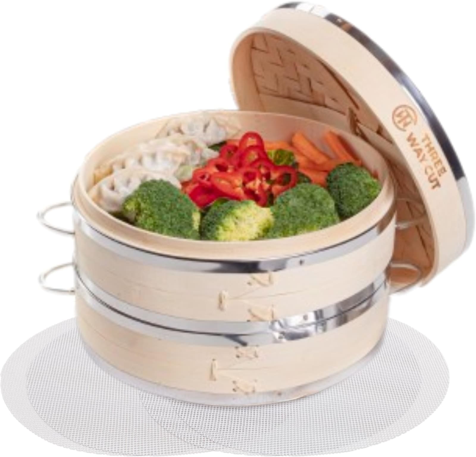 Asian Kitchen Bamboo Cooking Dim Sum Seafood Vegetable Steamer Set Two Tiers