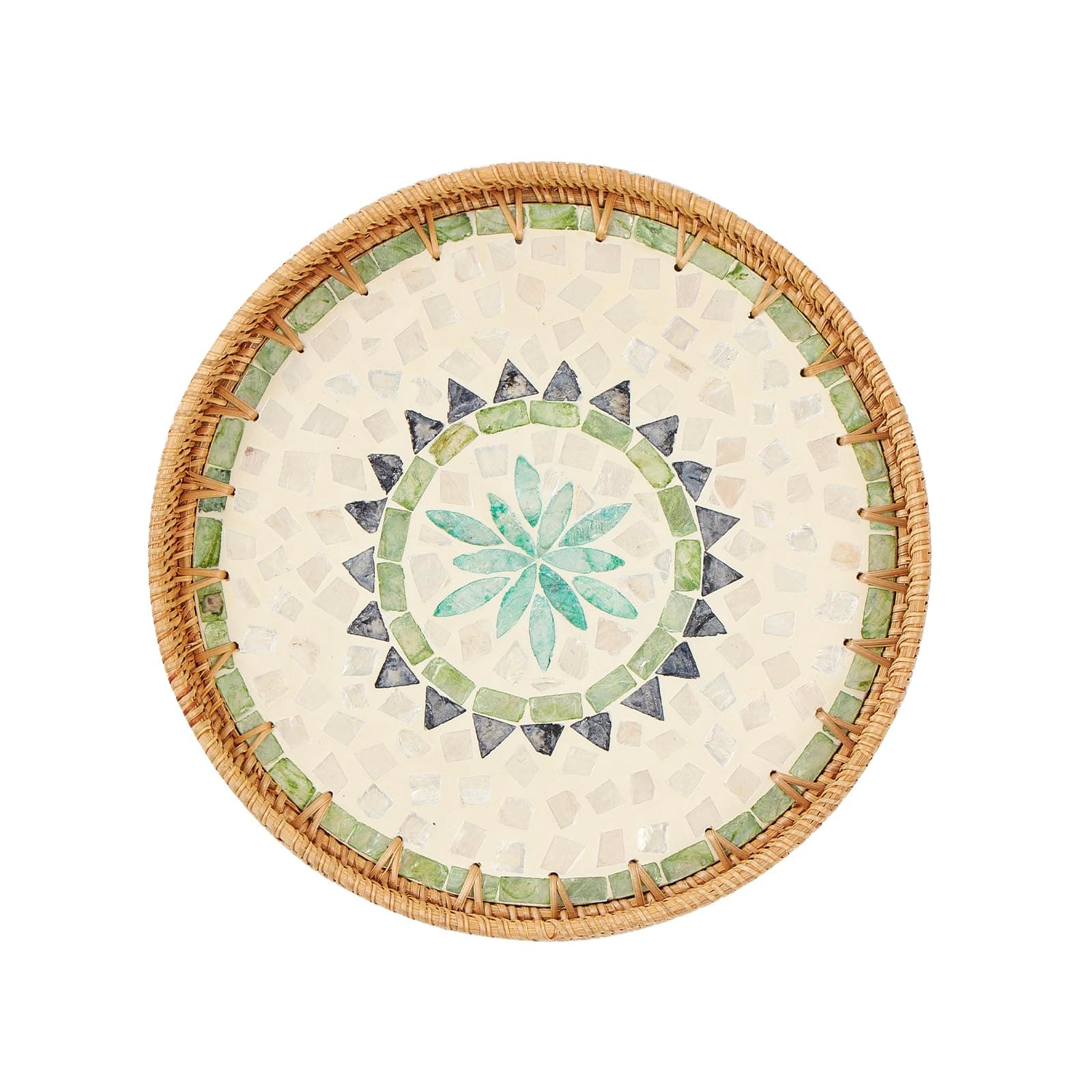 Round Rattan Tray with Mother of Pearl Inlay, Serving Leaf
