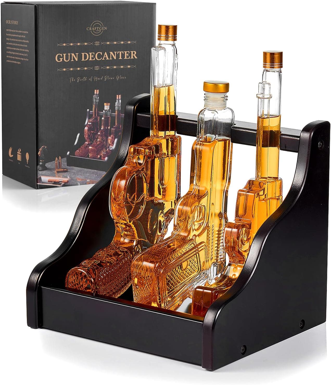Gifts for Men Dad Whiskey Decanter Set 9 Oz with Two 2 Oz Glasses, Pistol Gun Bi