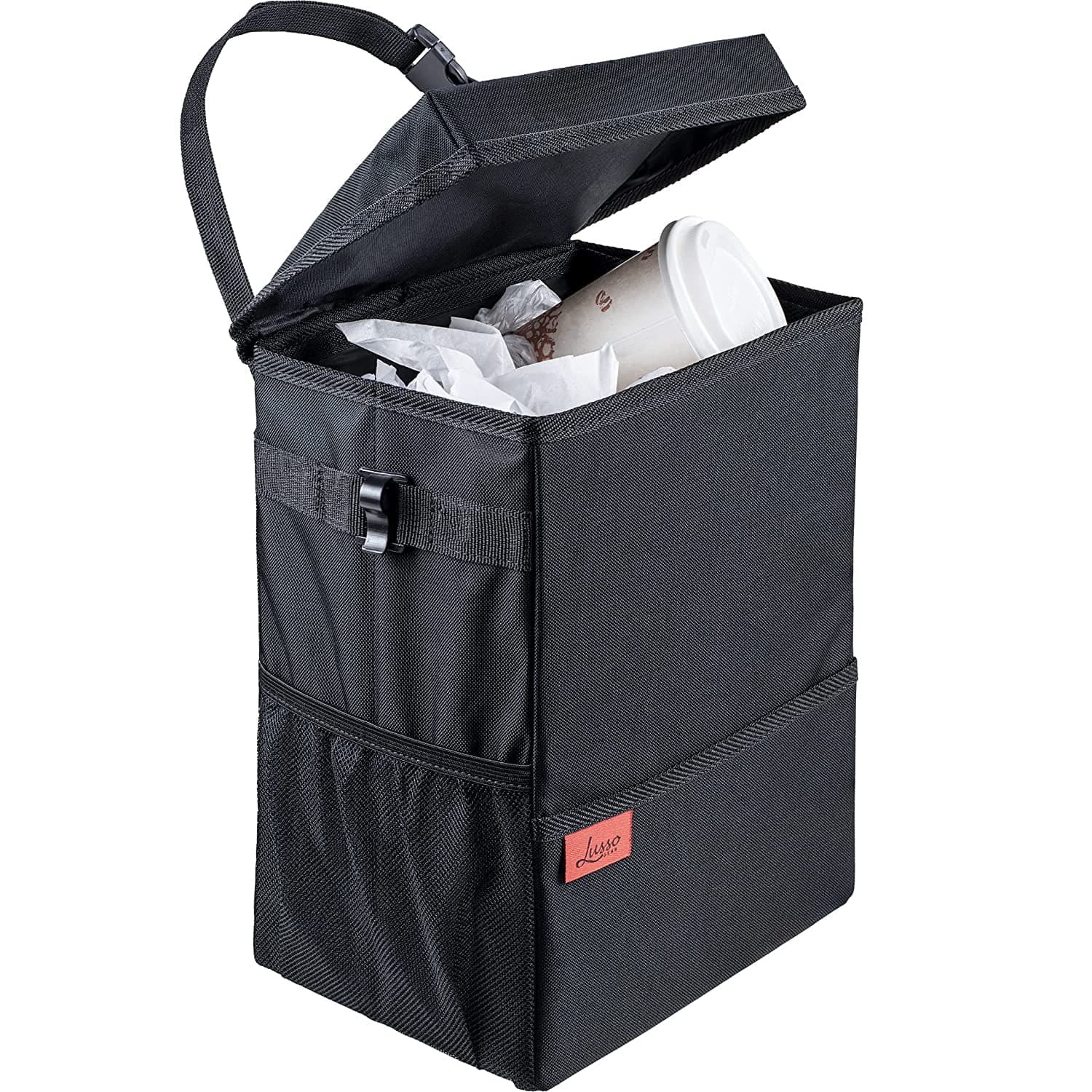 Lusso Black Car Trash Can, 3.5 Gallon, Manual-Lift Opening Mechanism, Brand New