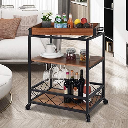CharaVector Solid Wood Bar Cart with Wine Rack & Locking Wheels – Rustic Brown