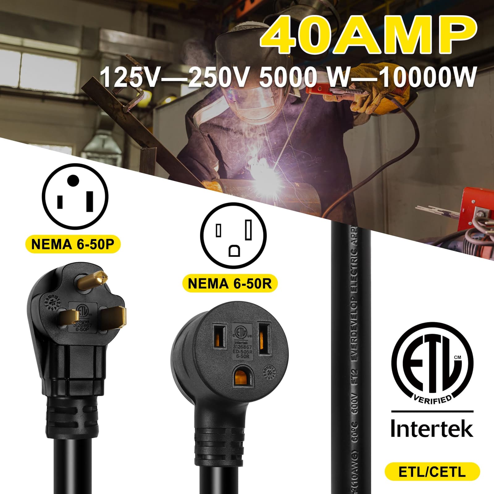 Welder Extension Cord 40 Amp 25 ft. 250 Volt Welding Power Cord with NEMA 6-50