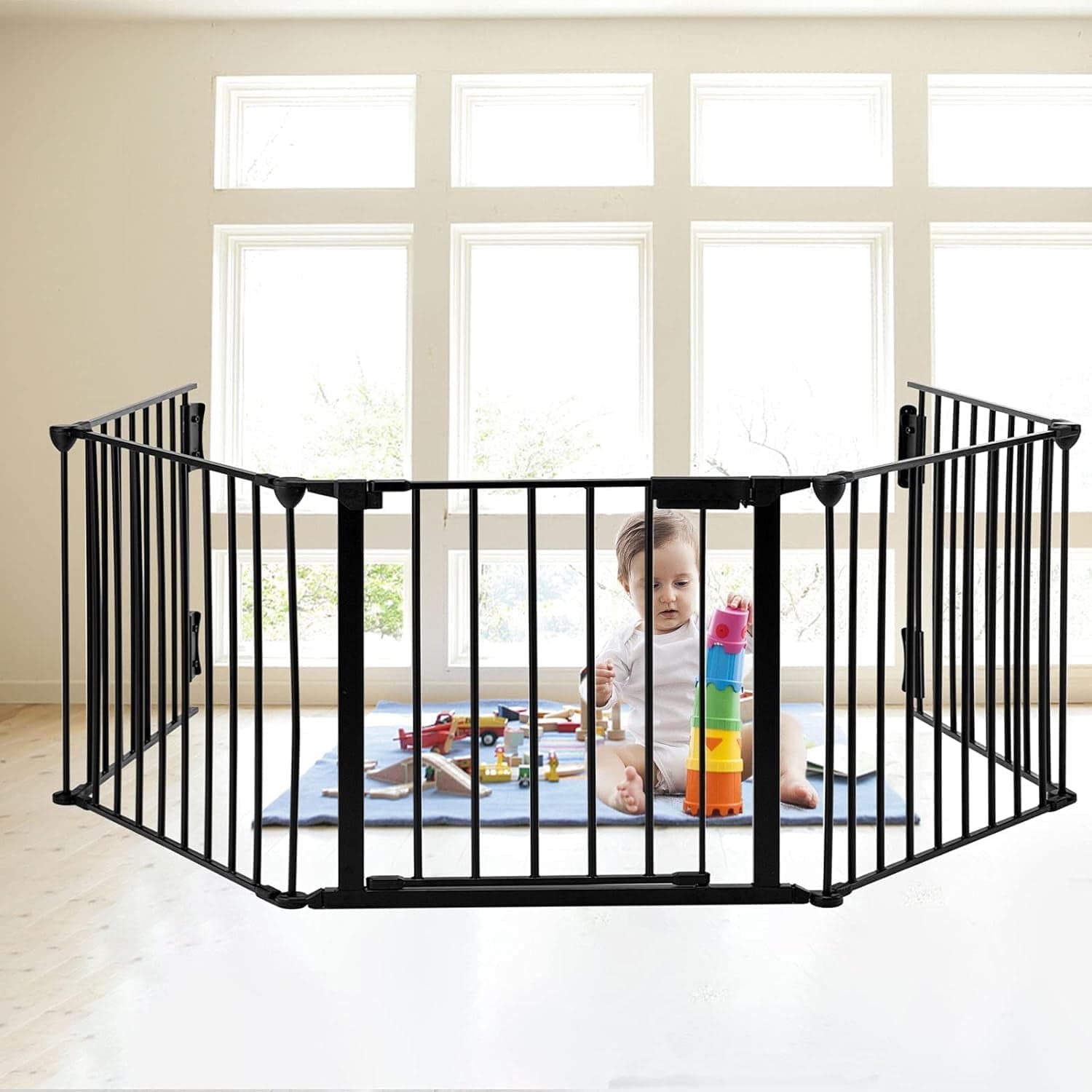 121" Extra Wide Baby Gate with Door, 5-Panel Metal Fence, 30" High