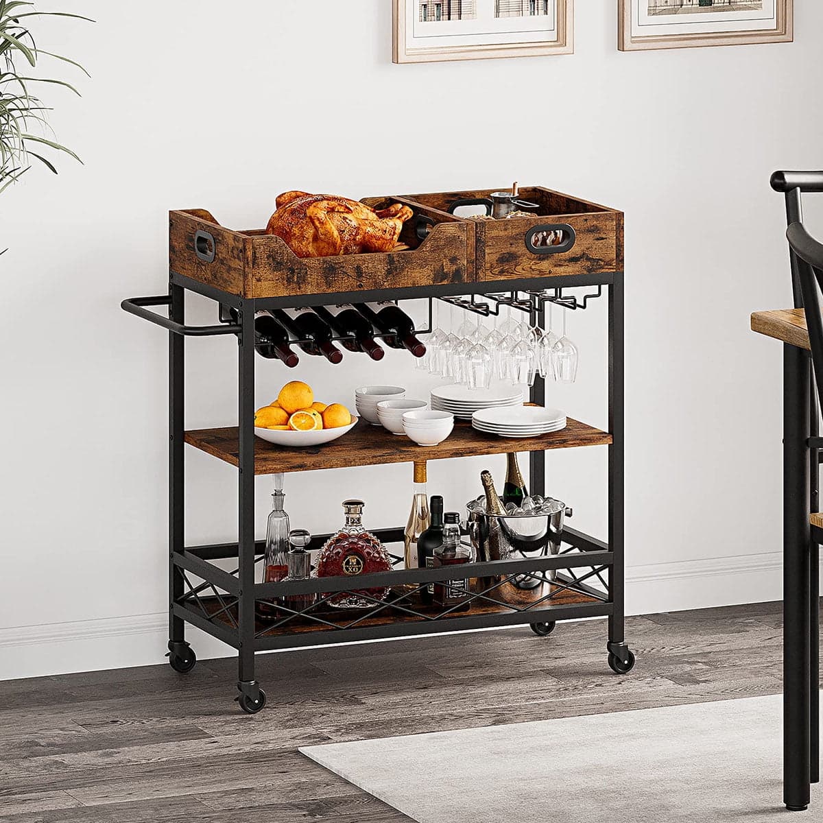 Bar Cart for the Home, 3 Tire Industrial Rolling Serving Cart on Lockable Wheels