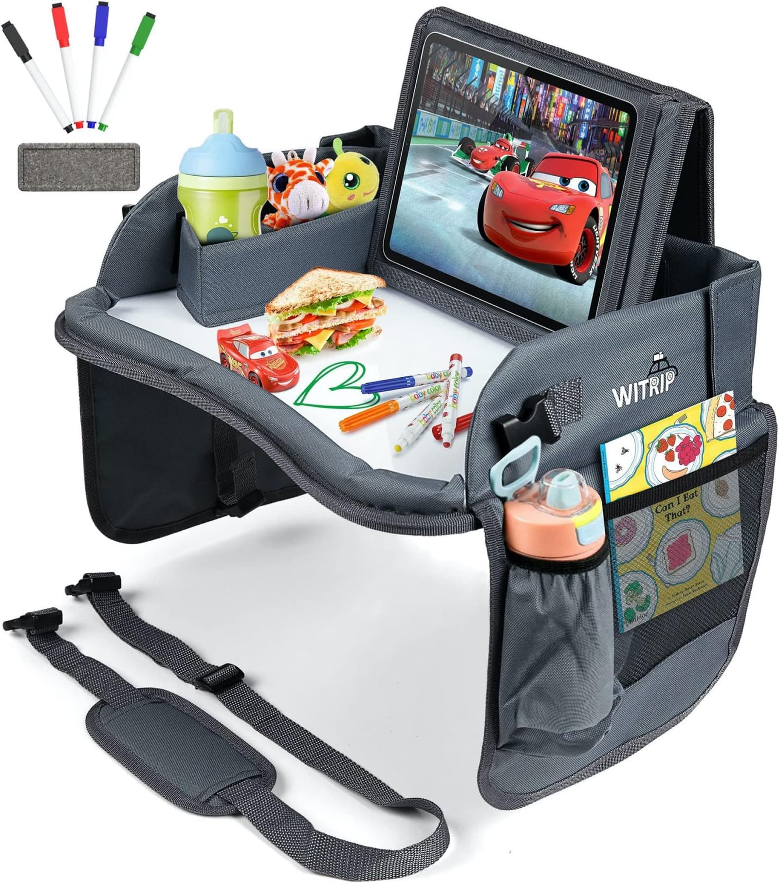Lusso Gear Kids Travel Tray – Black Tray Red Stitch with Dry Erase Board