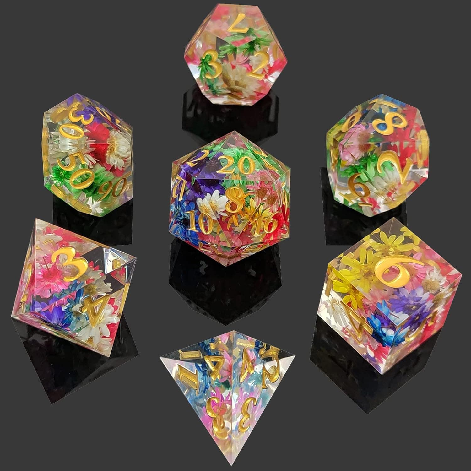 AUSPDICE 7-Piece Sharp Edge DND Dice Set with Display Case, Handmade Resin Polyhedral Dice, Dark Green