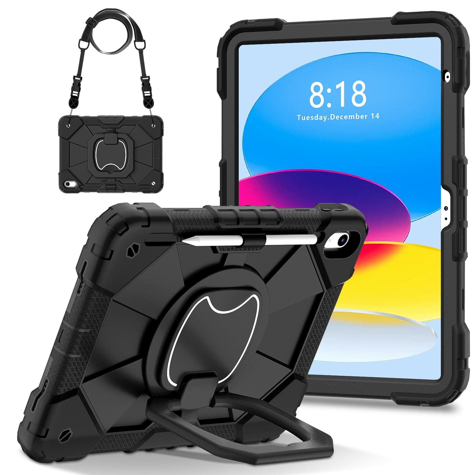 3-Layer Rugged Tablet Case for iPad with 360-Degree Rotating Kickstand, Hand Strap and Shoulder Strap, Black/Orange