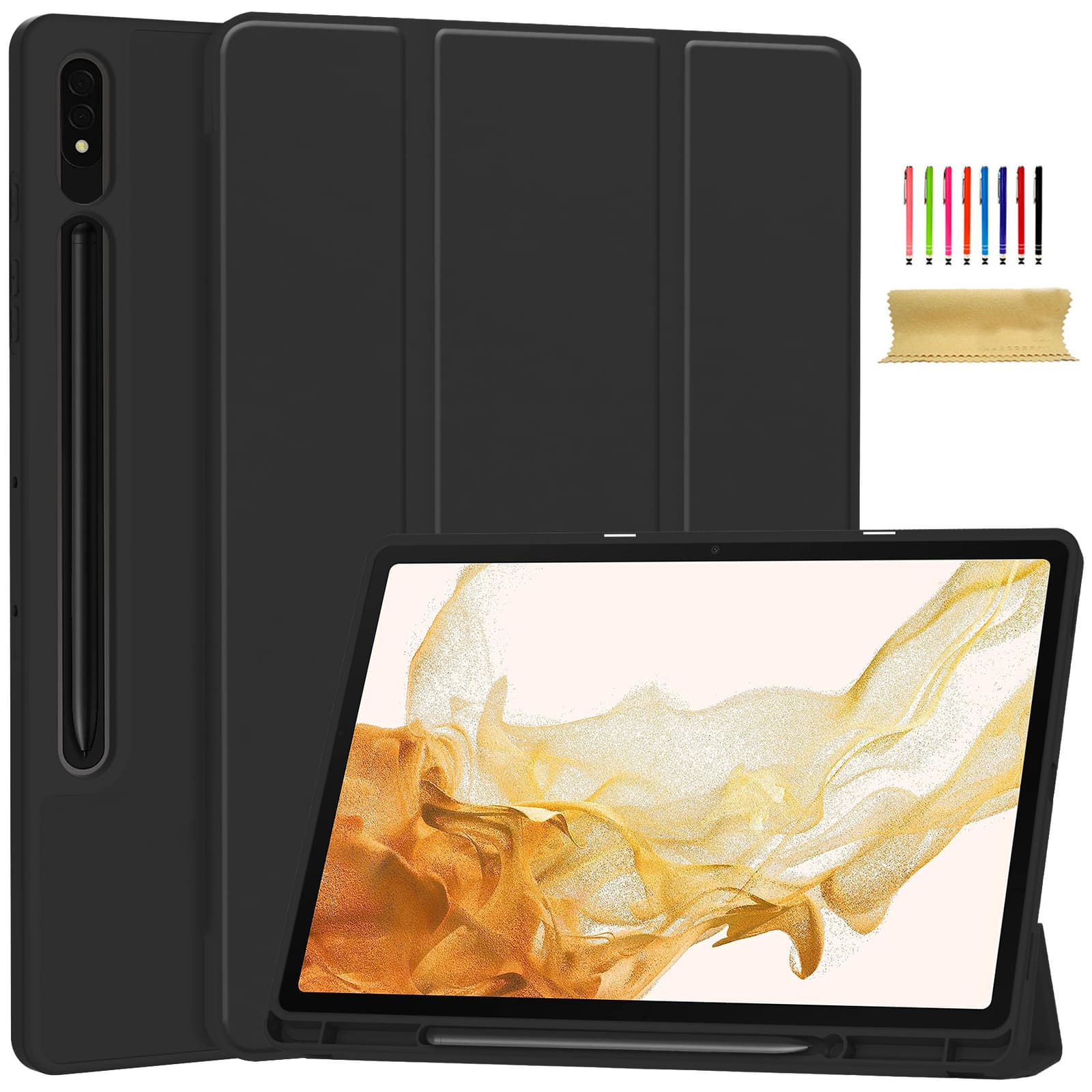 Tri-Fold Folio Tablet Case, Black Pebbled PU Leather with Hard PC Back Shell and Microfiber Lining