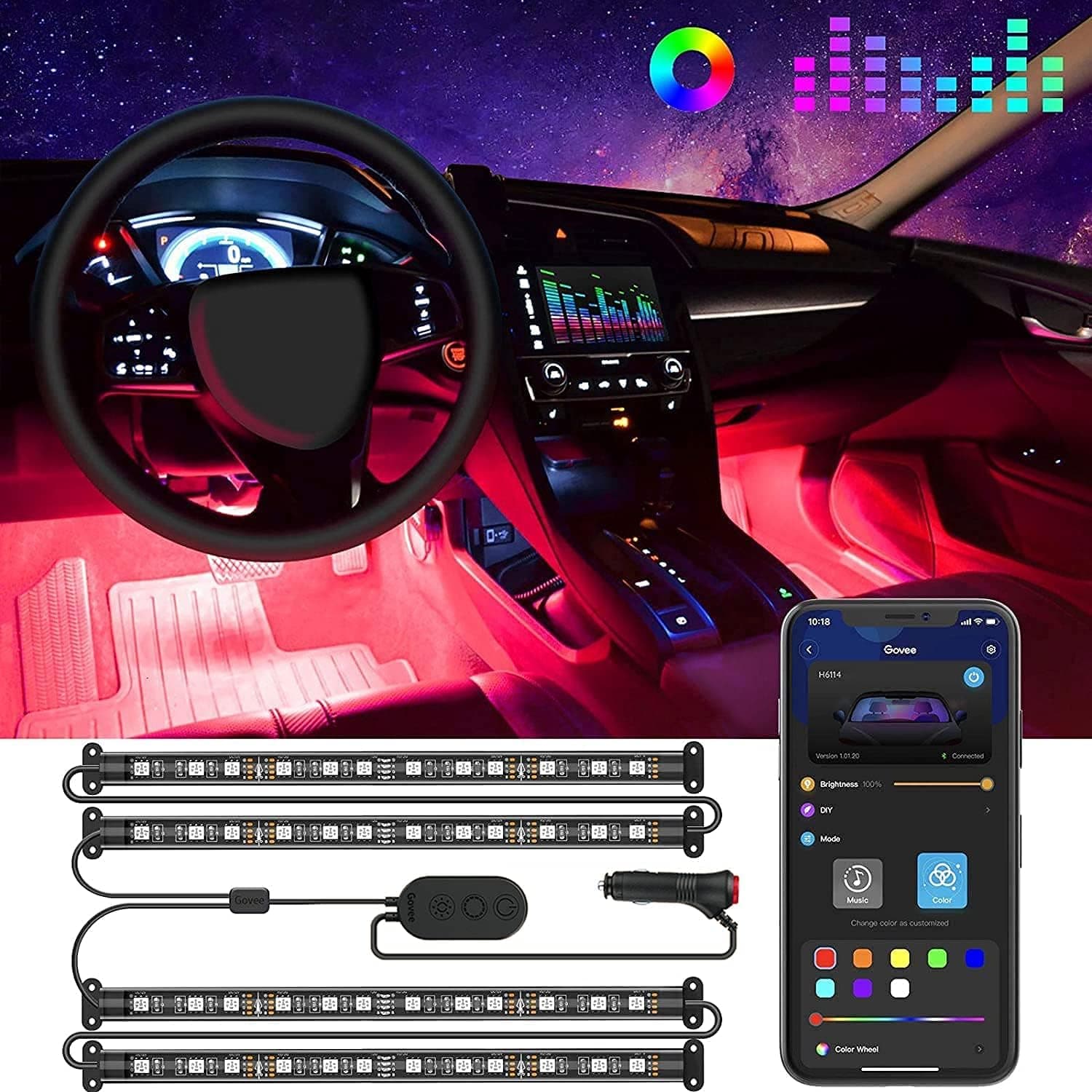 Govee RGB Car LED Strip Light H6113, 4 x 22 cm Interior Car Lights with App and Music Control, 12V