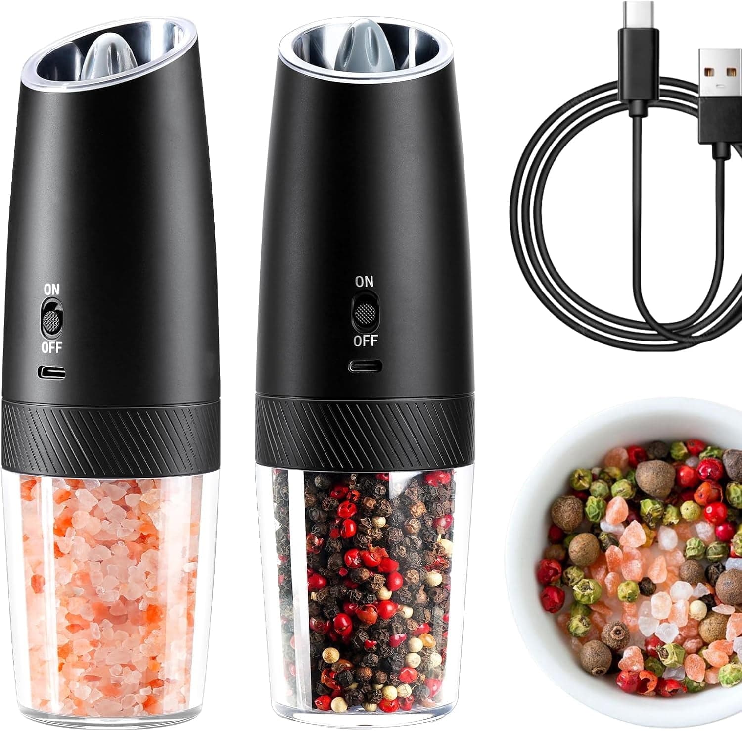 Gravity-Activated Electric Salt and Pepper Grinder Set of 2, Stainless Steel Body with Clear Acrylic Chamber, Adjustable Coarseness