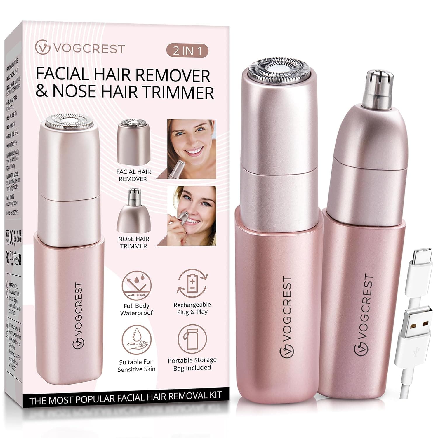 VOGCREST VG-105 2-in-1 Facial Hair Remover and Nose Hair Trimmer for Women, IPX6 Waterproof, USB-C Rechargeable
