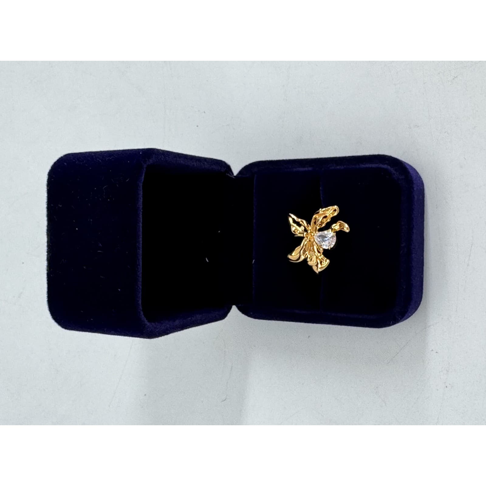 Gold-Tone Sculpted Flower Statement Ring with Pear-Cut Clear Stone, Velvet Gift Box