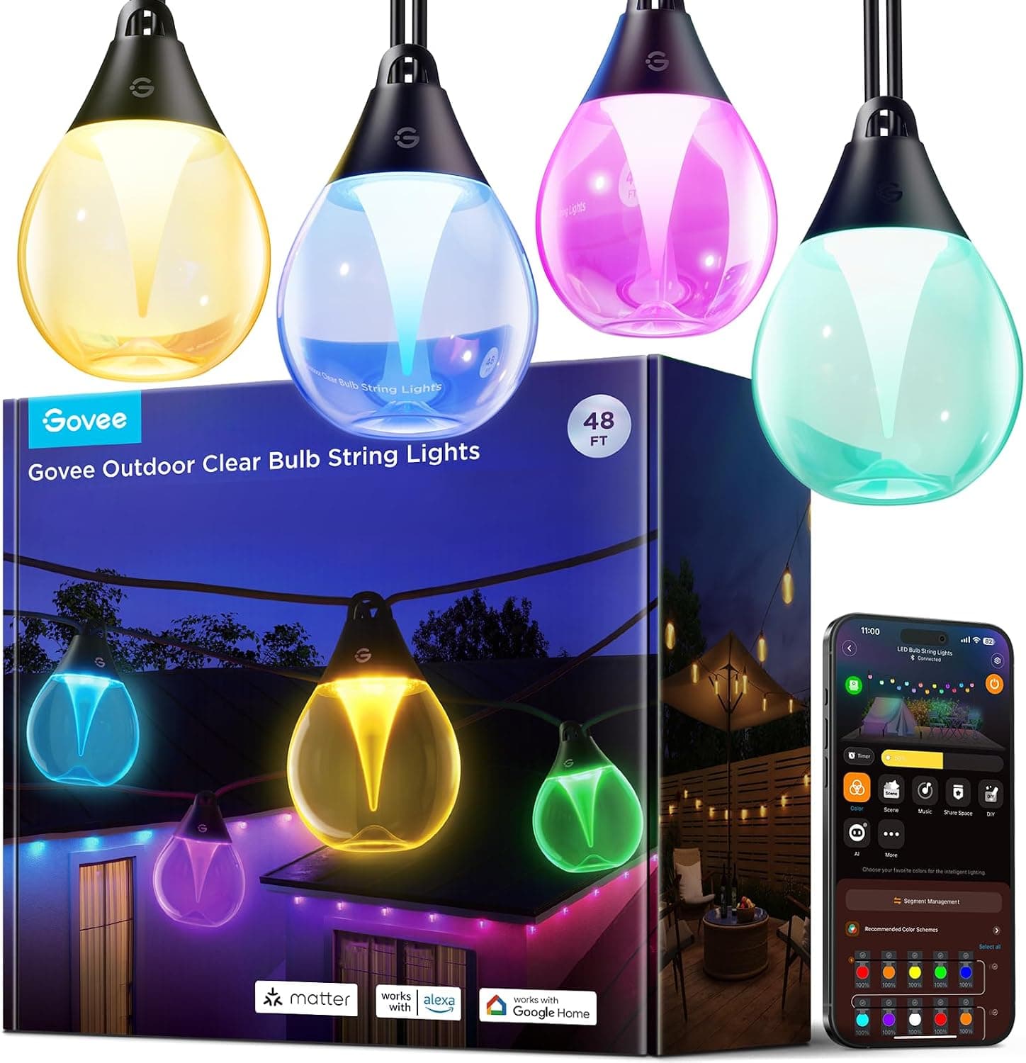 Govee Lynx H7003 LED Bulb String Lights, 48 ft / 15 m, 15 Dimmable Shatterproof Bulbs, Warm Yellow 2200K, Remote