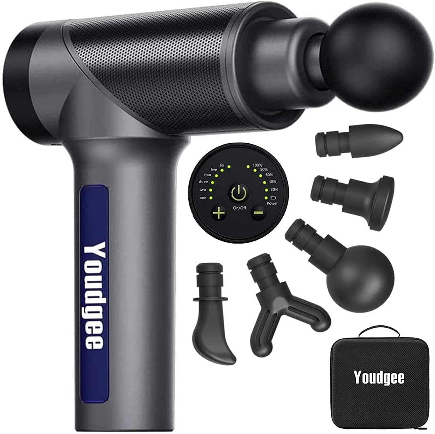 Youdgee H1 Percussion Massage Gun, 6 Speed Levels, 9 Massage Heads, 2500mAh Battery, LED Screen