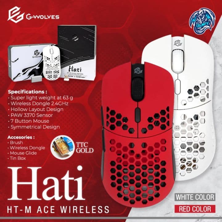G-Wolves Hati HT-M-H ACE Edition Wireless Gaming Mouse, Honeycomb Ultralight Shell, White