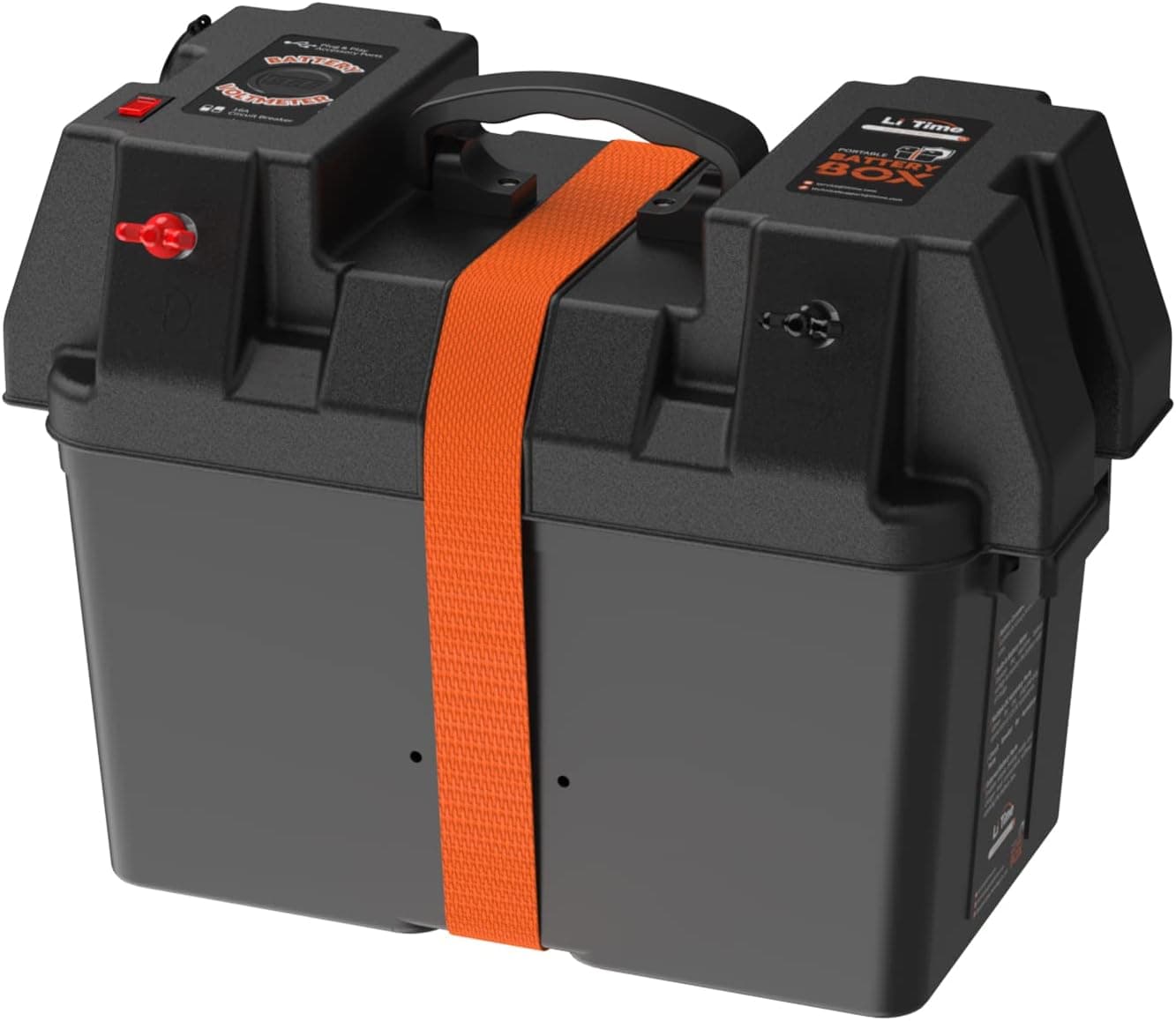 LiTime Portable Battery Box for Group 24 and 27 Batteries with Built-in Voltmeter, 16A Circuit Breaker and 12V/USB Ports