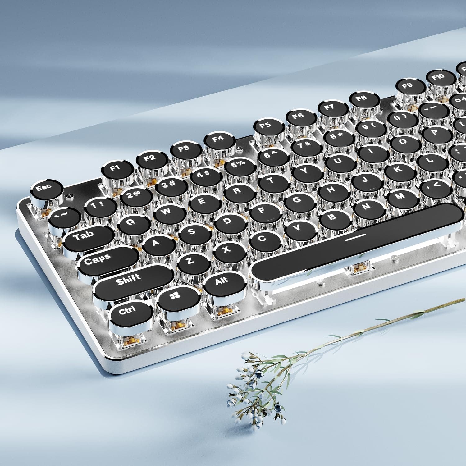 EWEADN TK950 Typewriter Wireless Mechanical Keyboard, 104-Key Full Size, Blue Clicky Switches, White Backlit, White
