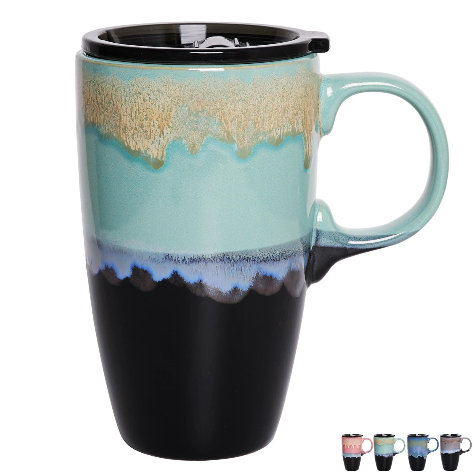 Ceramic Travel Mug with Handle and Snap-On Flip Lid, Glossy Solid Colors, Assorted Colors