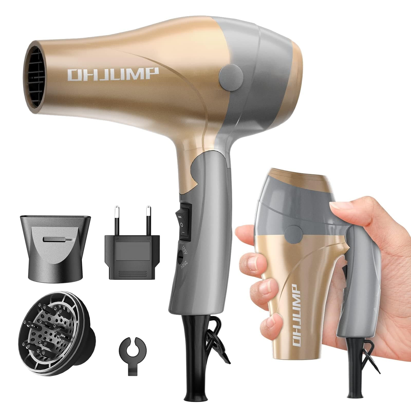 OHJUMP Travel Hair Dryer 1875W, Dual Voltage 125/250V, Folding Handle with Diffuser and Nozzle, Rose Gold