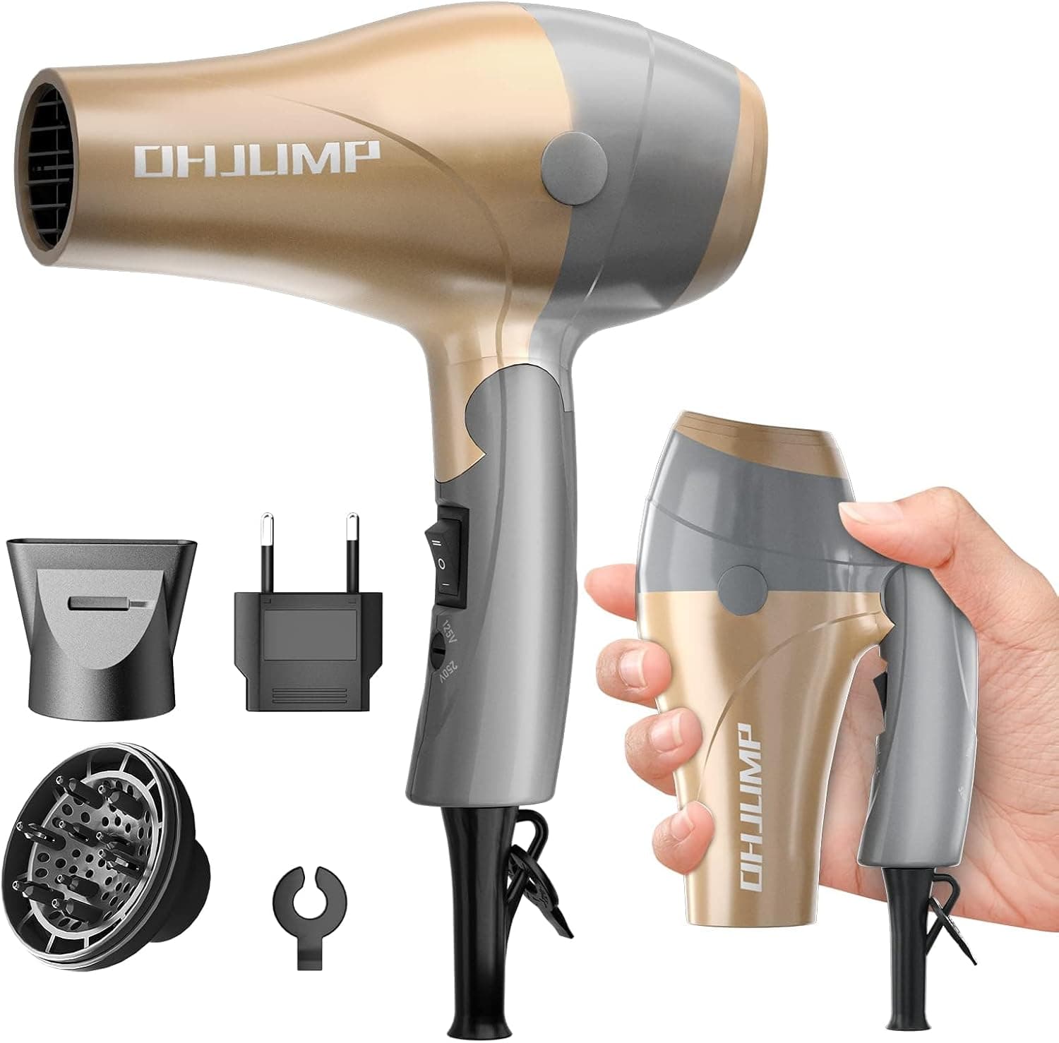 OHJUMP T9 High-Speed Hair Dryer 1600W with Air Diffuser and 2 Concentrator Nozzles, White