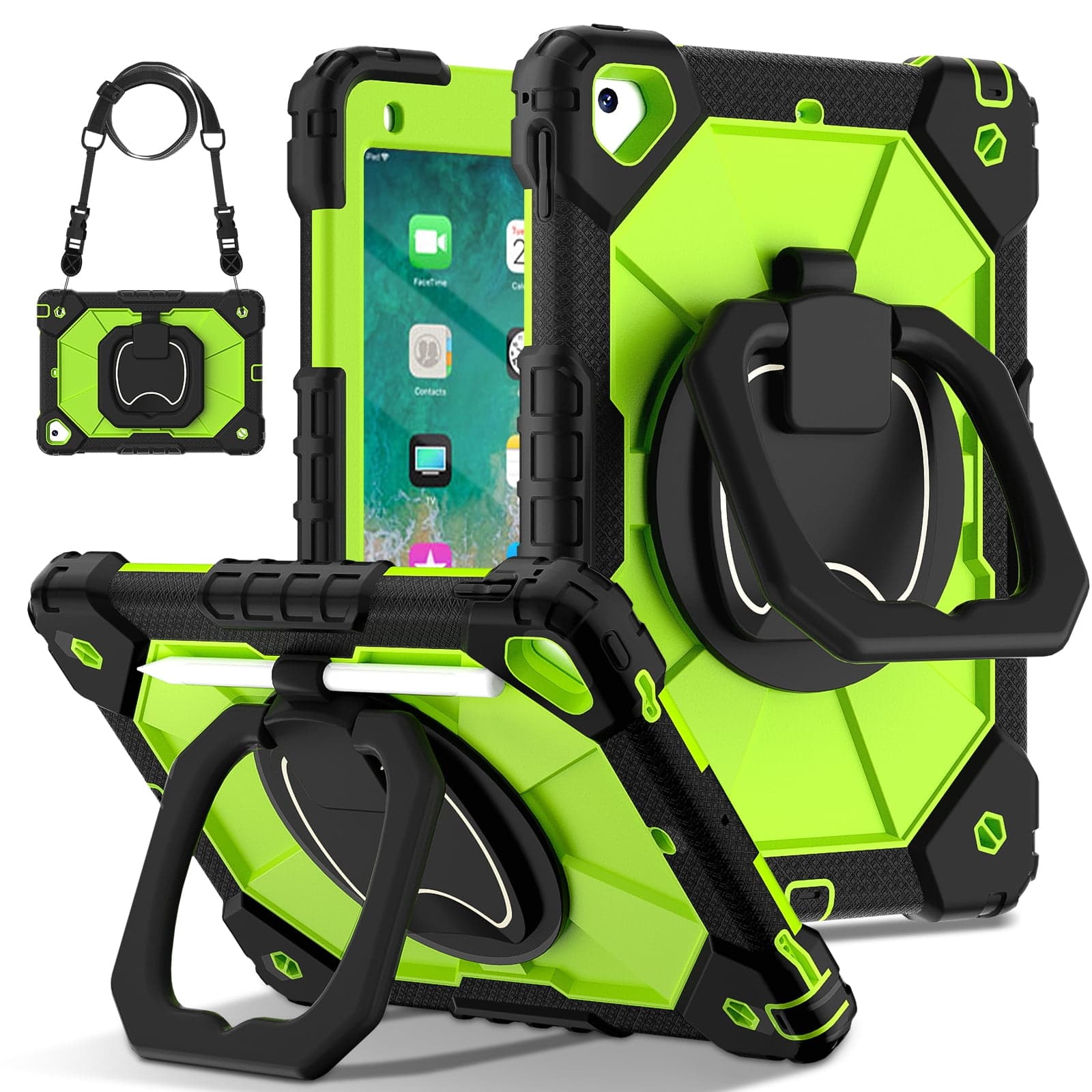 3-Layer Rugged Tablet Case with 360-Degree Rotating Ring Stand, Shoulder Strap and Pencil Holder, Pink and Purple