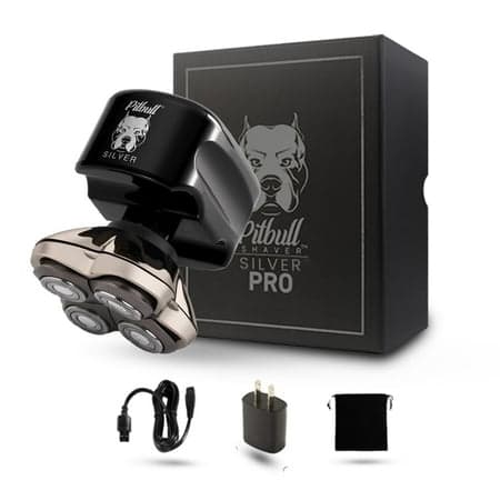 Skull Shaver Pitbull Silver PRO Cordless 4-Head Rotary Head and Face Electric Shaver, Wet or Dry, 60-Minute Runtime