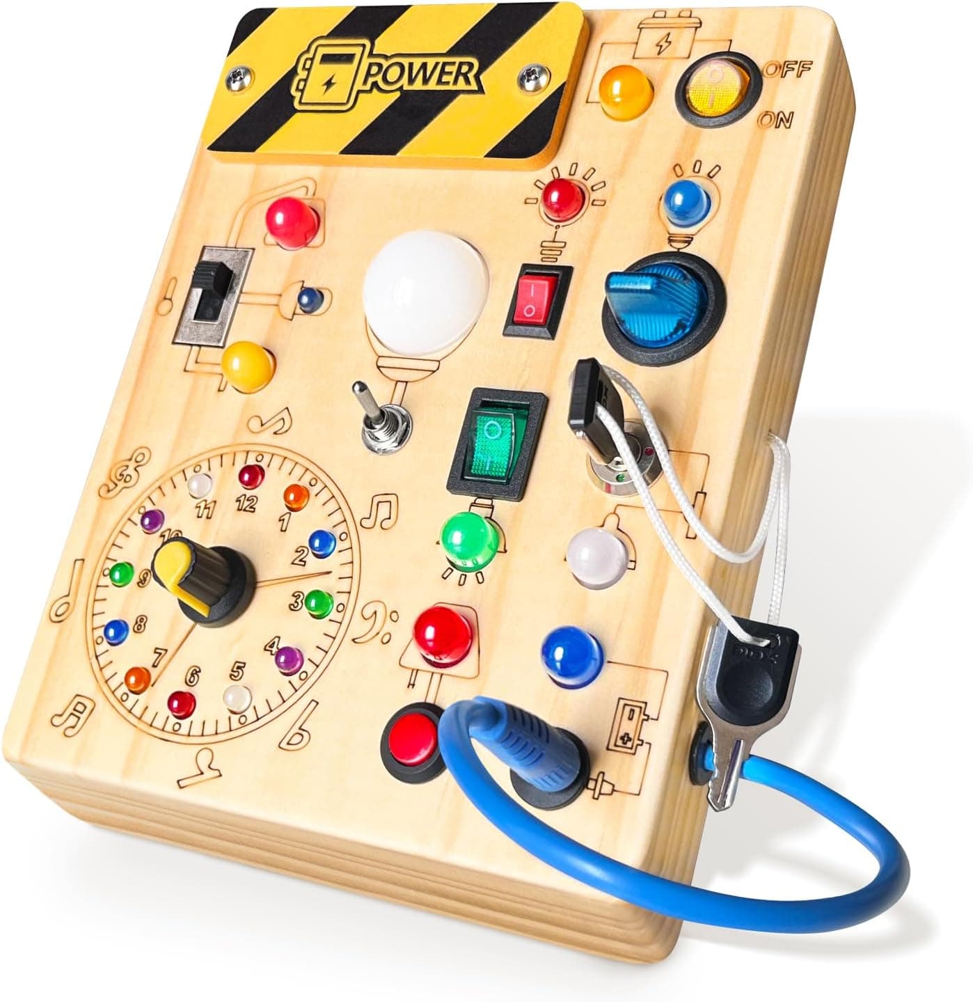 Iabedi Busy Board Plus V2 Wooden Montessori Light and Switch Sensory Travel Toy for Toddlers 1-3, Medium, Yellow