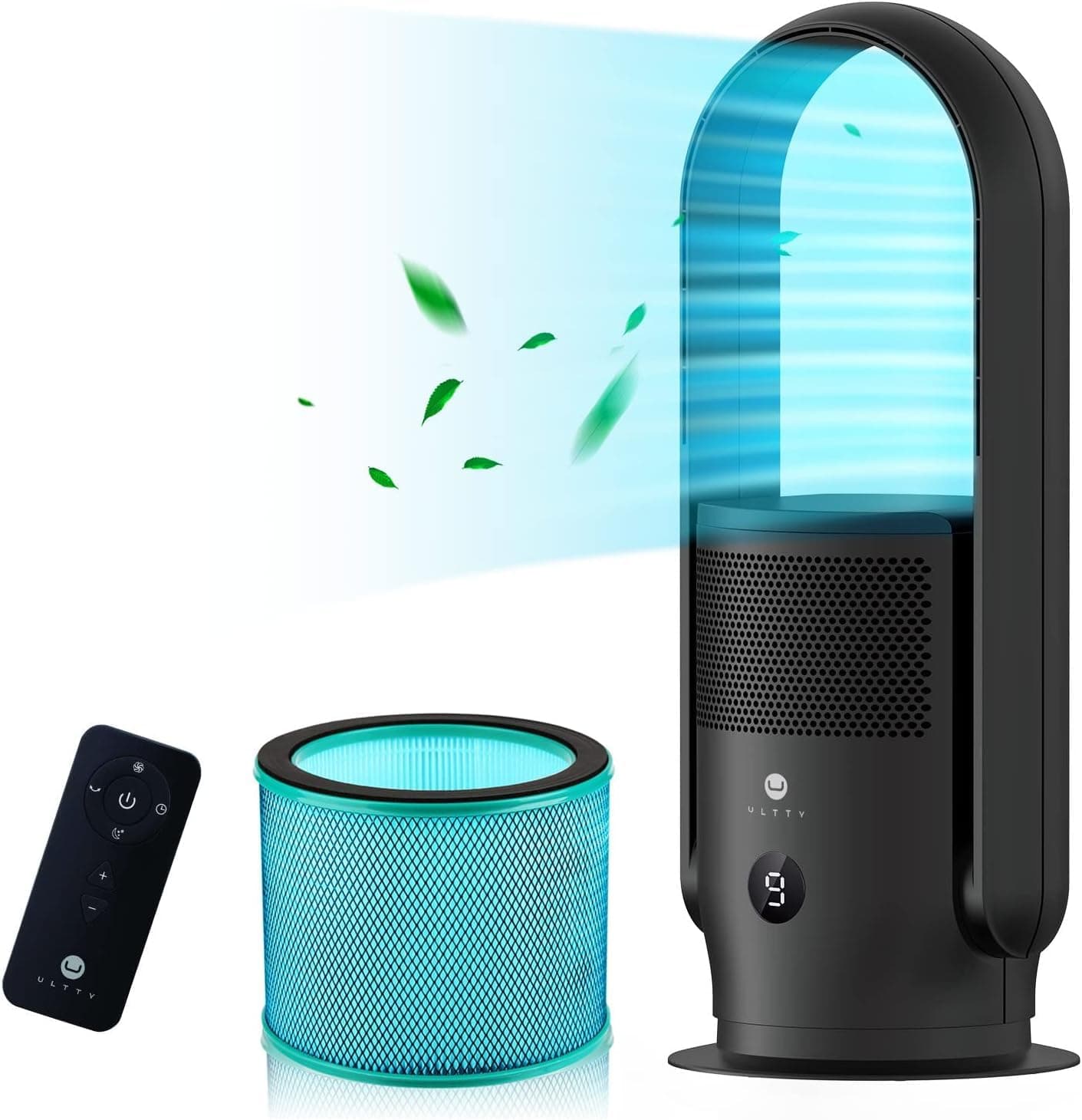 Cordless Rechargeable Mini Tower Fan, 12 in Bladeless-Style Desk Fan with 2000 mAh Battery and USB-C Charging, Grey and Blue