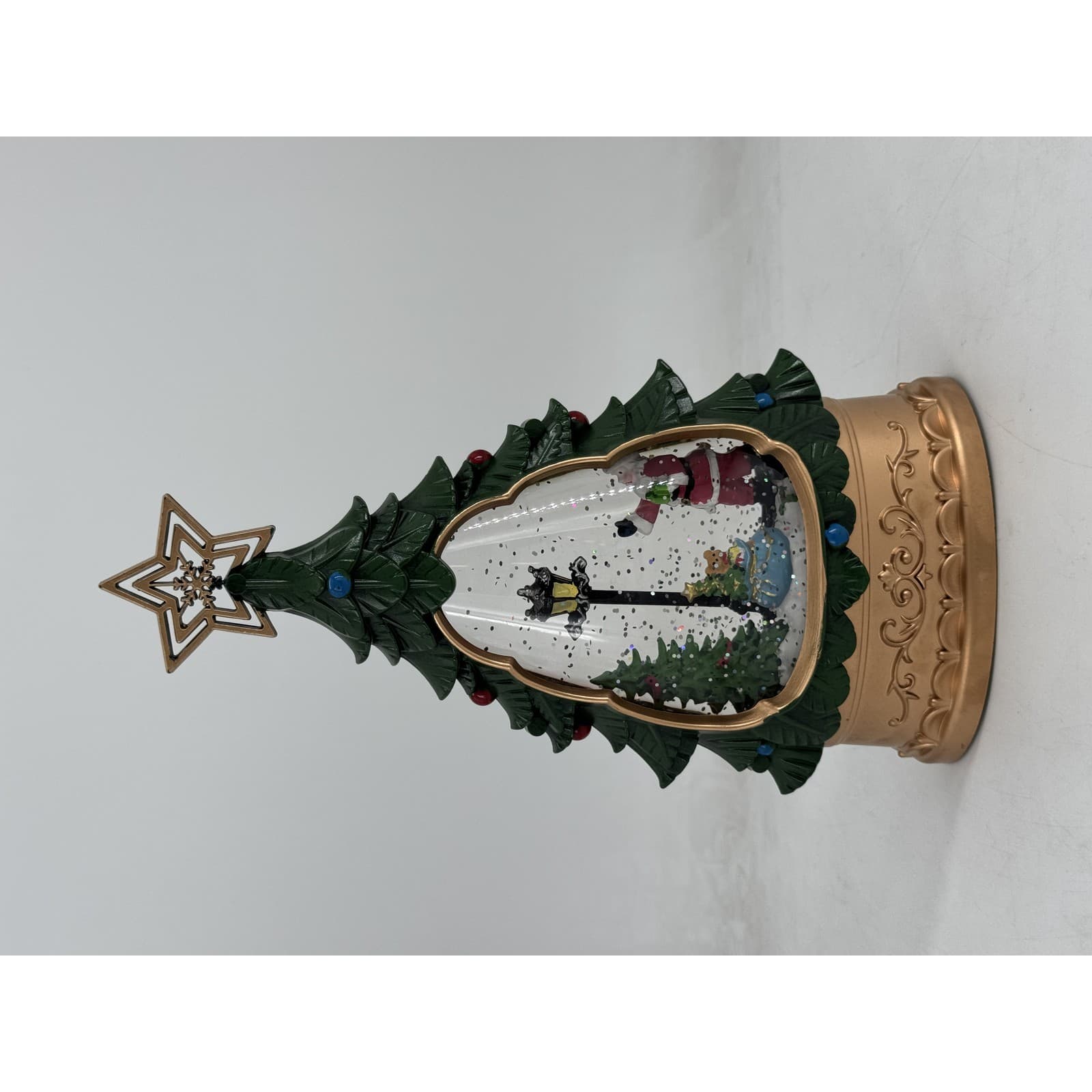 Lighted Christmas Tree Snow Globe Water Lantern with Swirling Glitter, Santa and Teddy Bear Scene, Gold Base