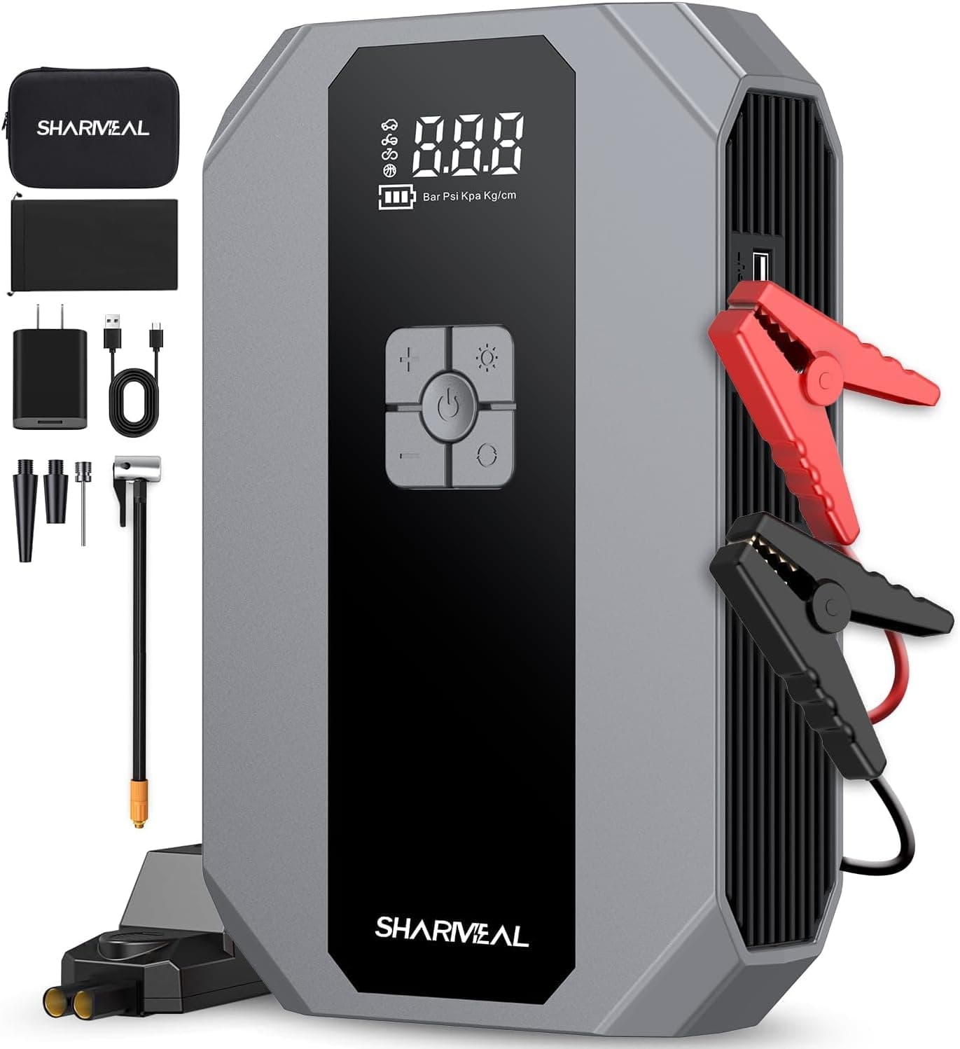 Sharmeal GL902 Car Jump Starter with Built-In Air Compressor, 12V Battery Booster, LED Light and USB Power Bank