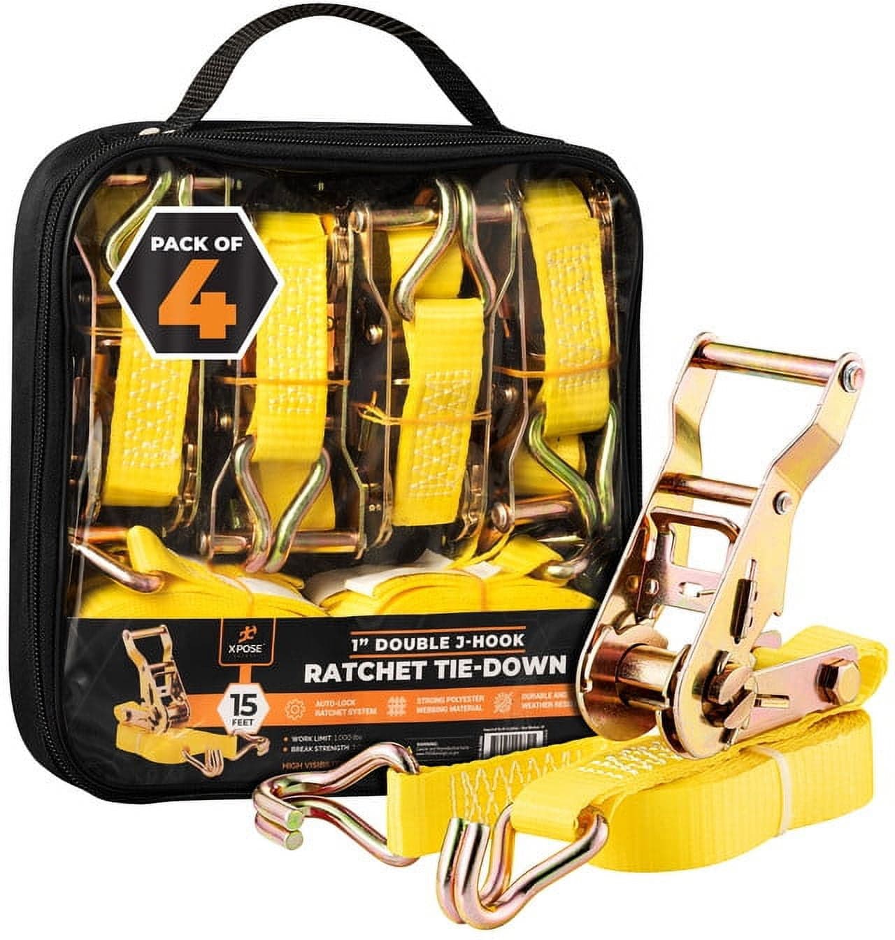 StayThere Heavy Duty Ratchet Tie-Down Kit, 4 Pack, 1.6 in x 8 ft Straps with 17 in Soft Loops, 1,736 lb Working Load Limit