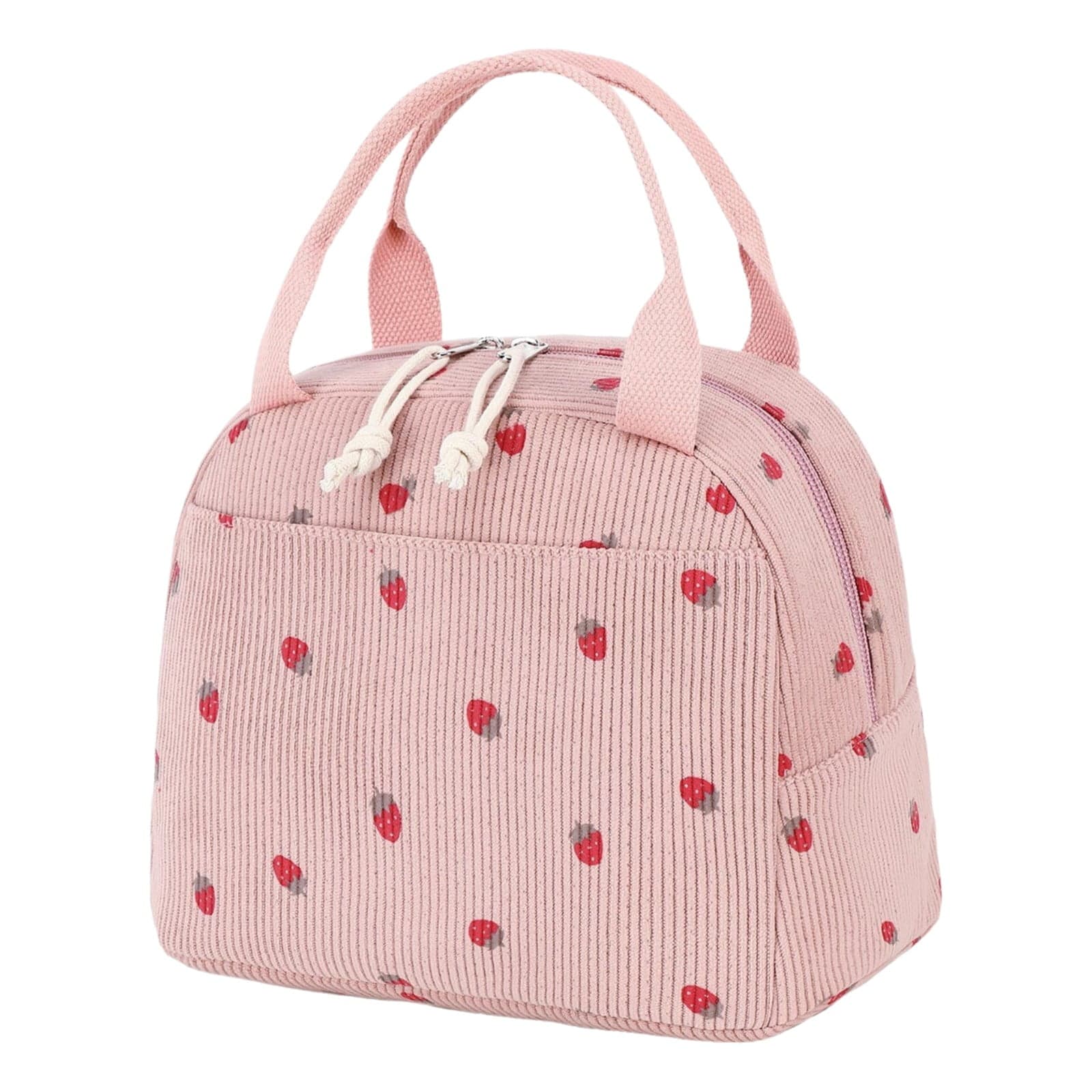 Nifogo Corduroy Insulated Lunch Bag, Large Strawberry Print Cooler Tote with Front Zip Pocket