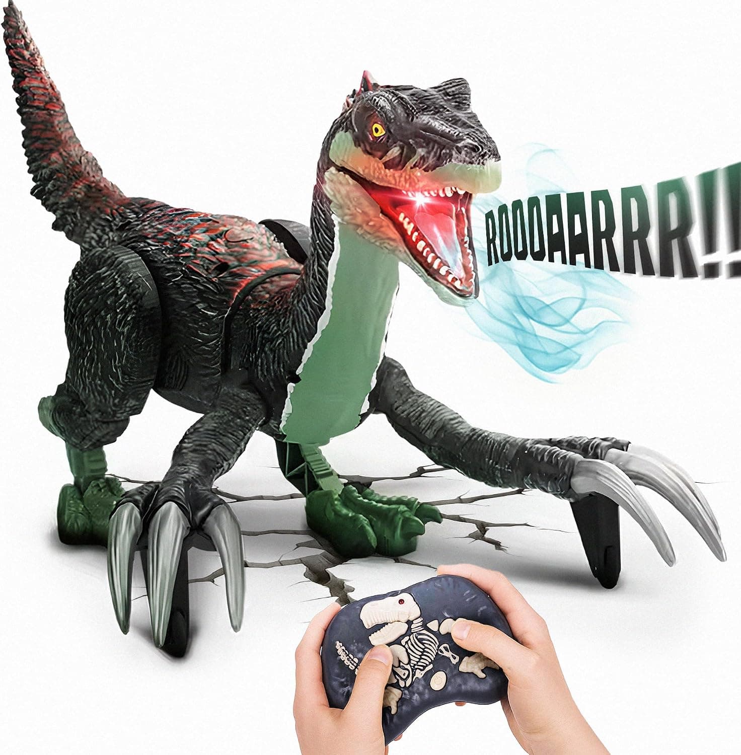TALGIC 2.4G Remote Control Mist Velociraptor Dinosaur, Walking Raptor Toy with Water Spray, Roar and Lights, Ages 3+