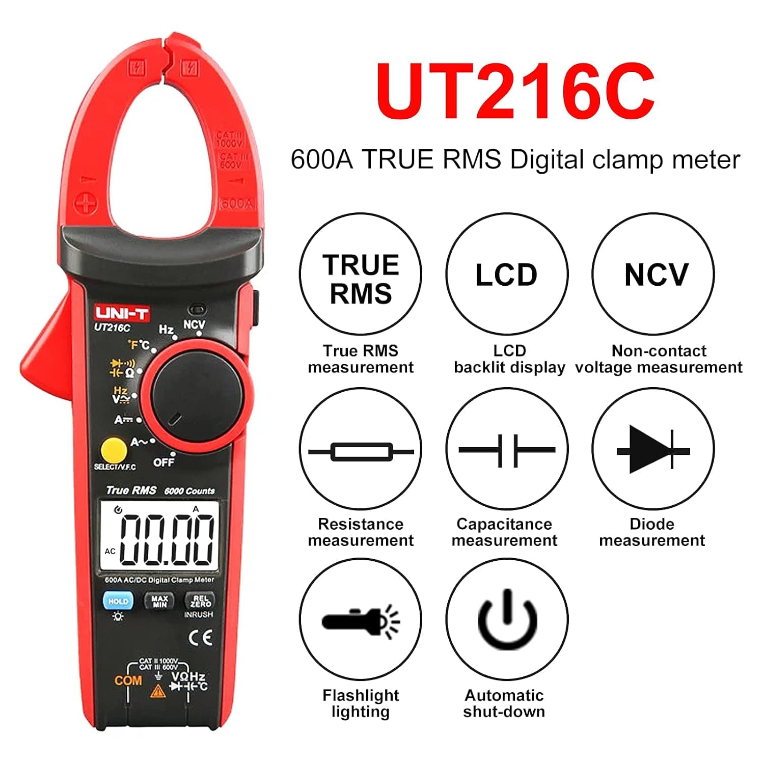 UNI-T UT216C True RMS Digital Clamp Meter, 600A AC/DC, 6000 Counts with NCV, VFC and Temperature