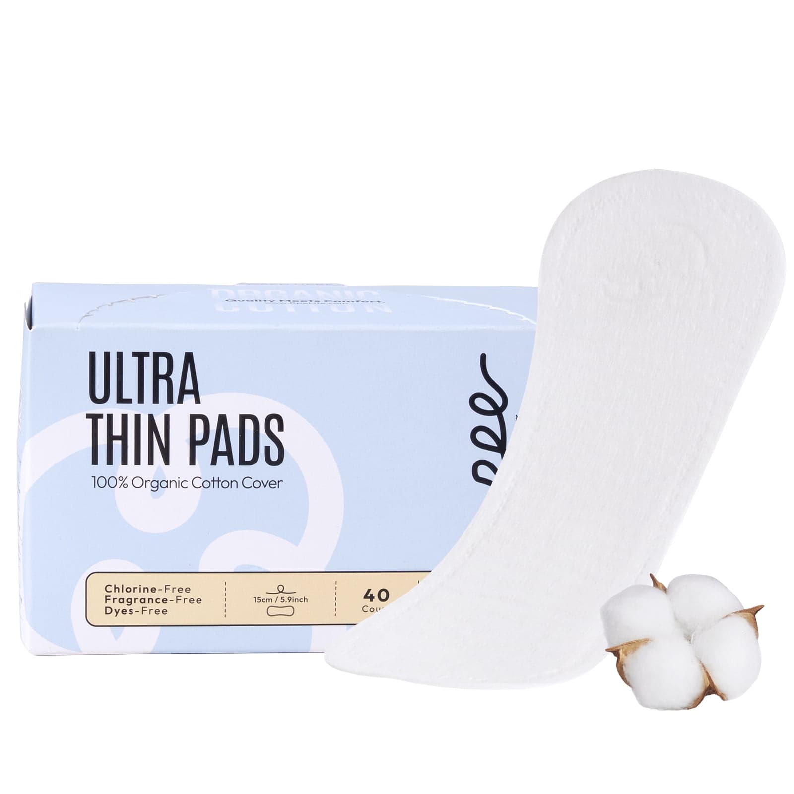 RPE Life Ultra Thin Pads with 100% Organic Cotton Cover, Large with Wings, 28.5 cm / 11.2 in, 16 Count