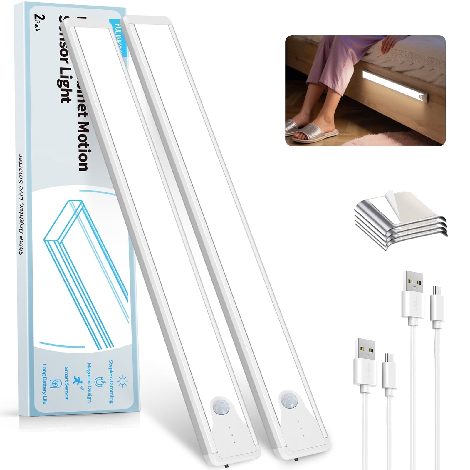 YULINKCO 16 Inch Under Cabinet Light 2 Pack, Rechargeable Magnetic Motion Sensor LED Bar, Stepless Dimming 6500K