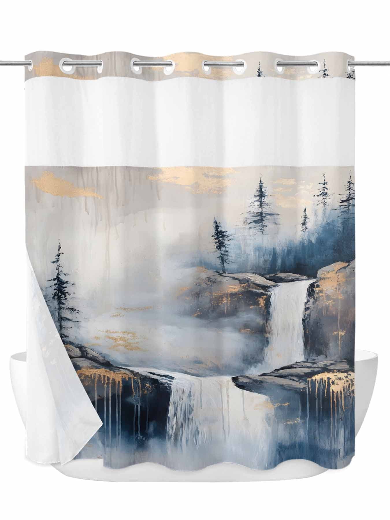 Waterfall Shower Curtain with Snap-on Liner. NO Hooks Required.