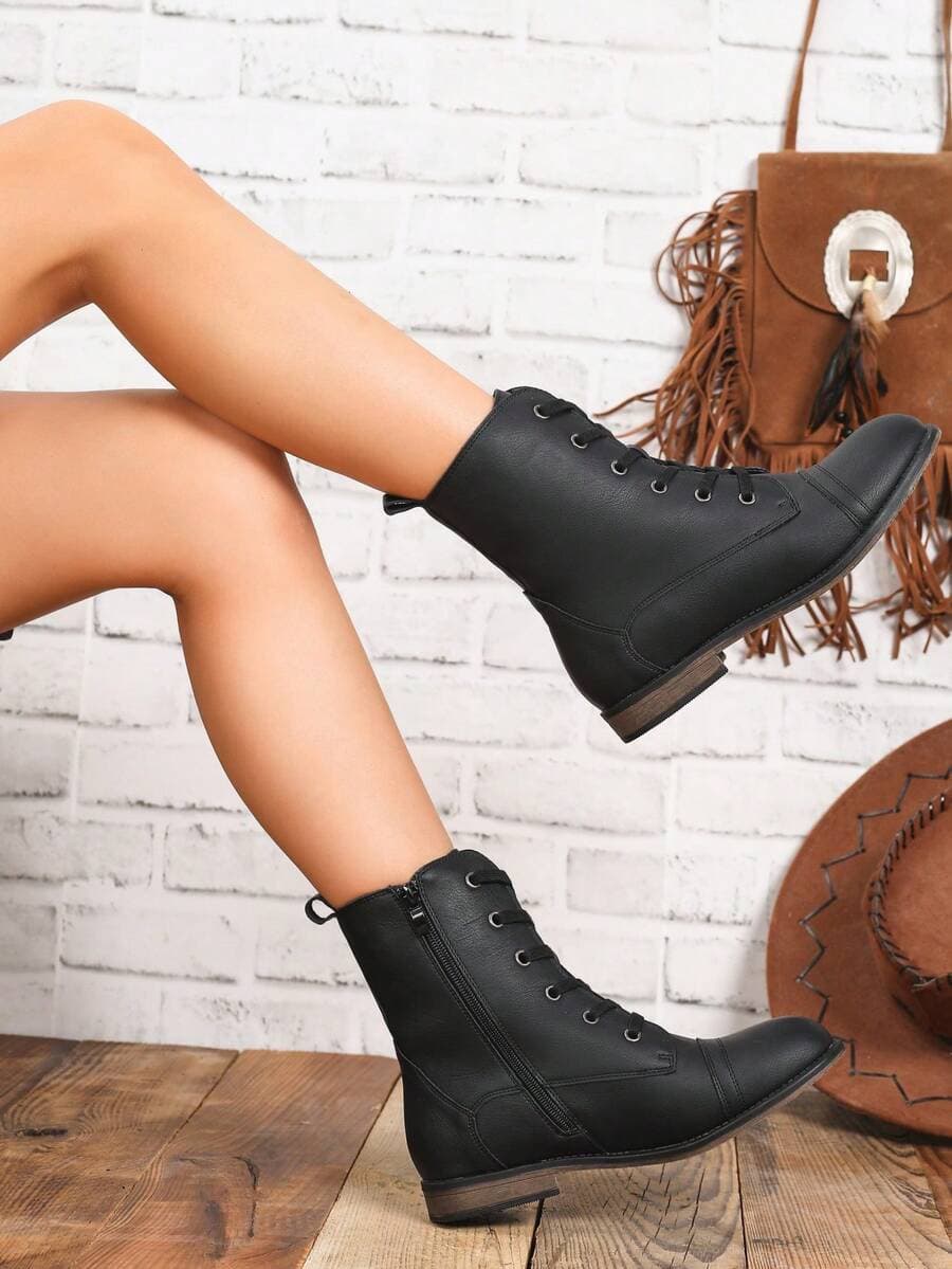 11 FYS Botas cortas de punta redonda con lazo para mujer, con cremallera lateral